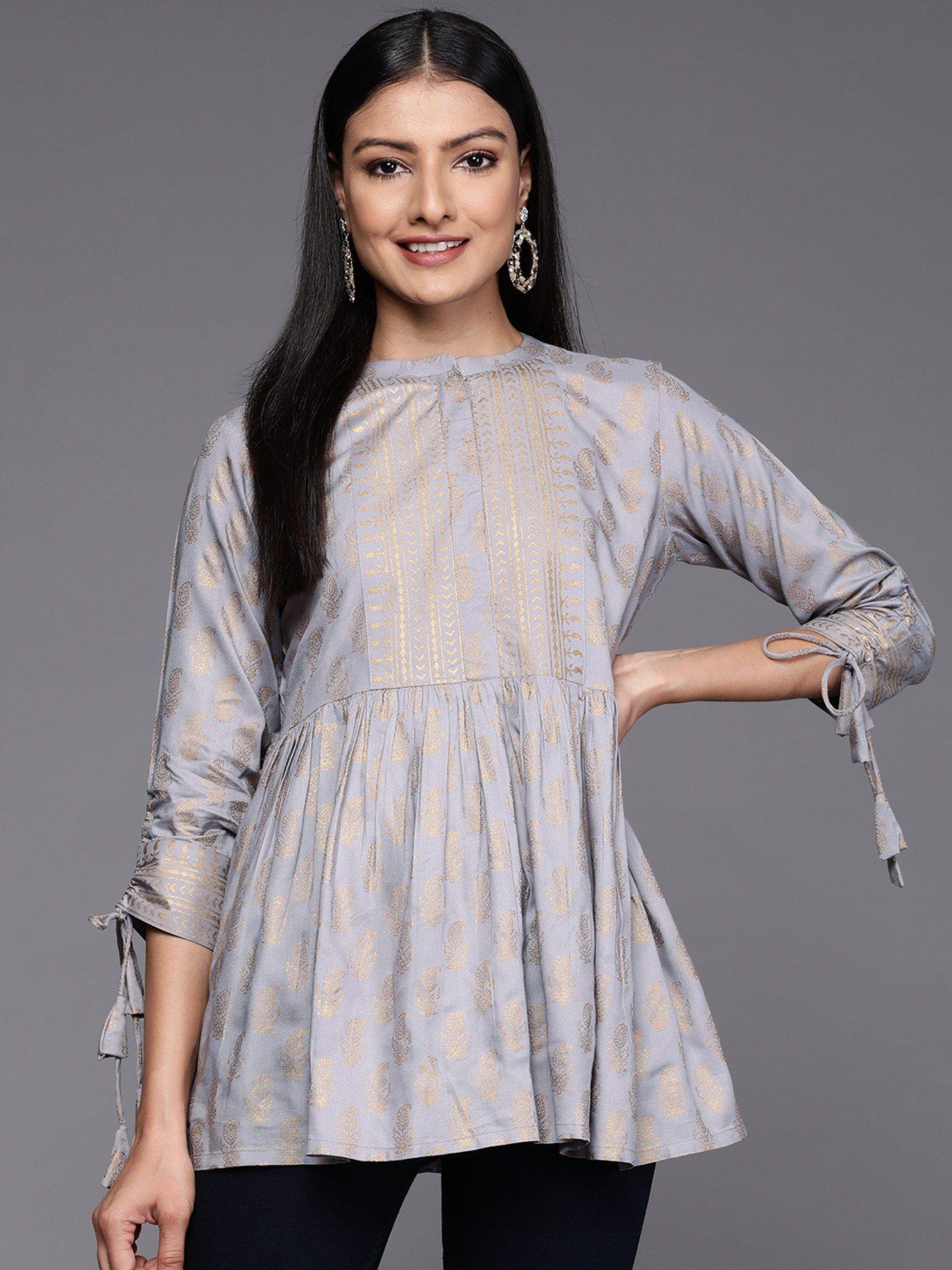 grey viscose rayon paisley motif printed with tassels kurti