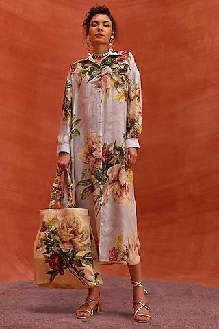 grey viscose satin floral printed melinda shirt dress