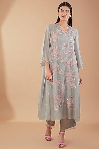 grey viscose silk sequins embroidered kurta set