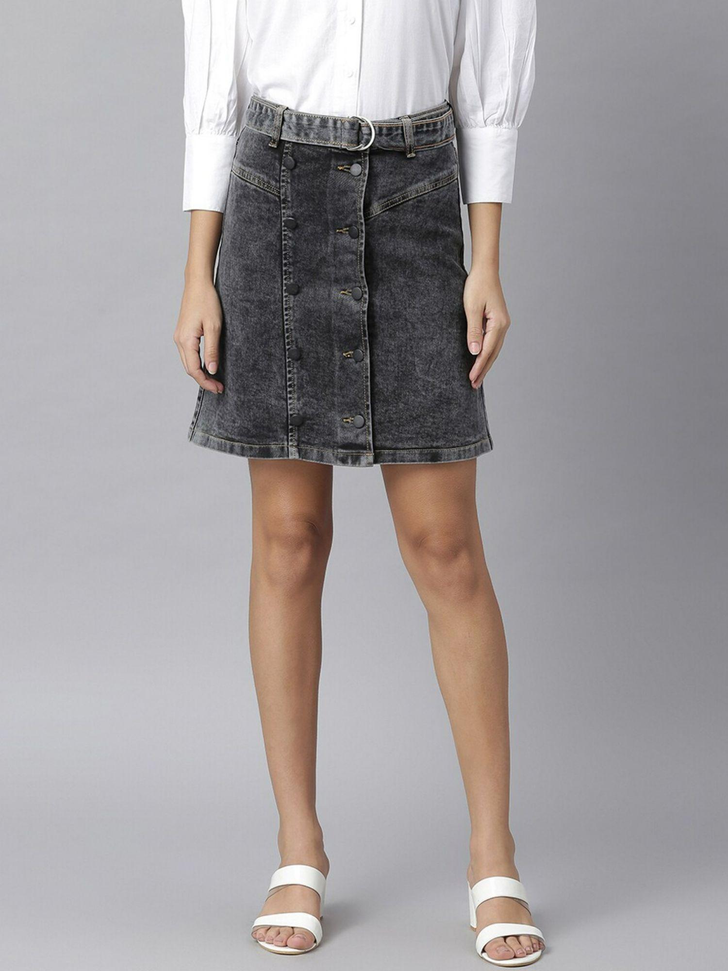 grey washed denim straight mini skirt