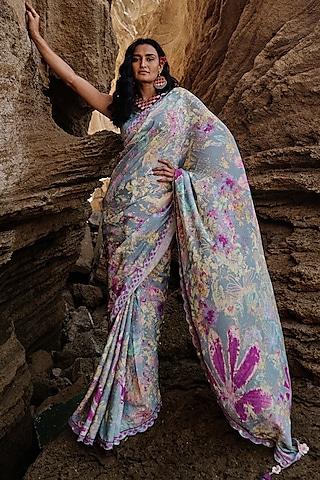 grey water crepe lace embellished saree set