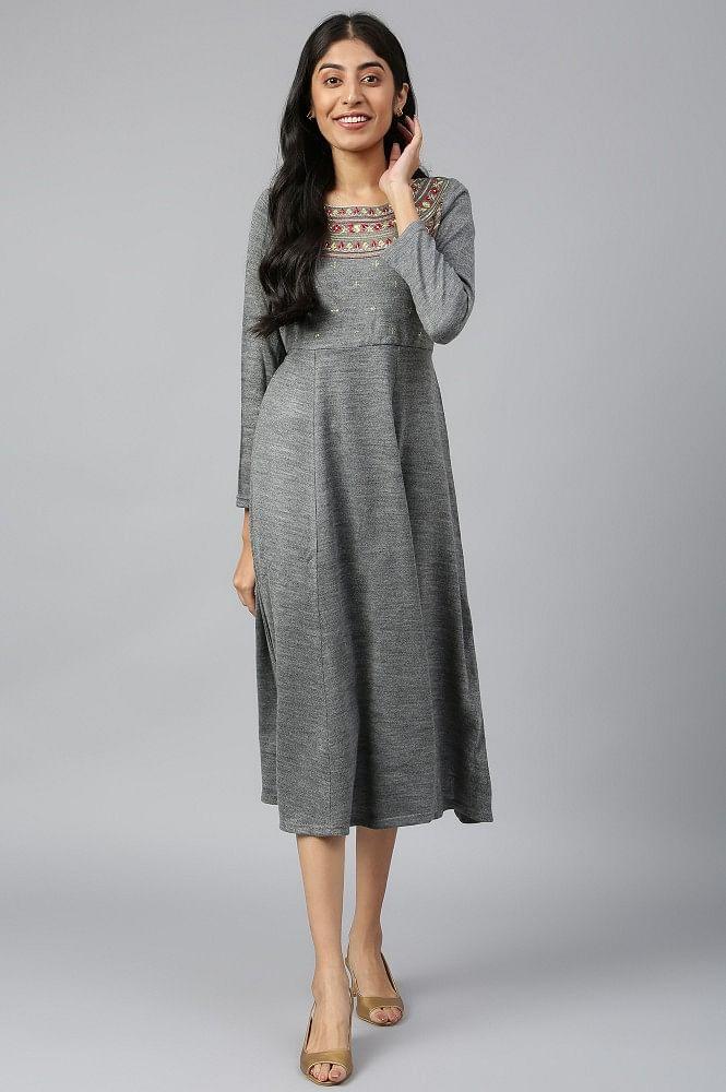 grey winter dress with zari embroidery