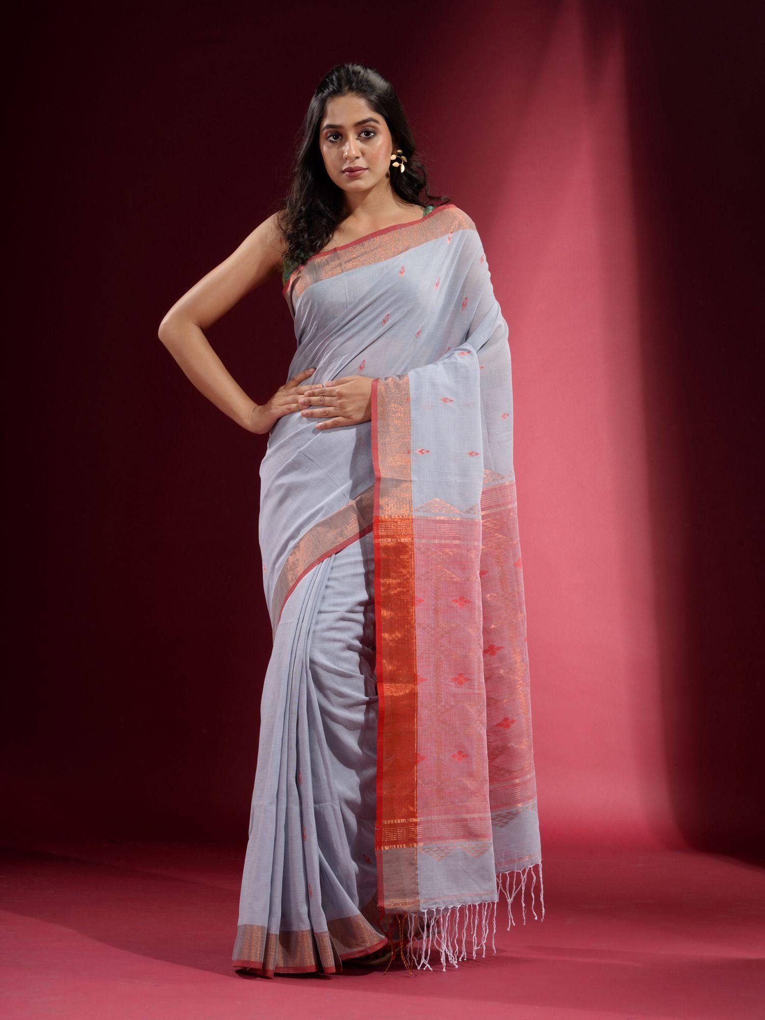 grey with ethnic motif and zari design saree with unstitched blouse