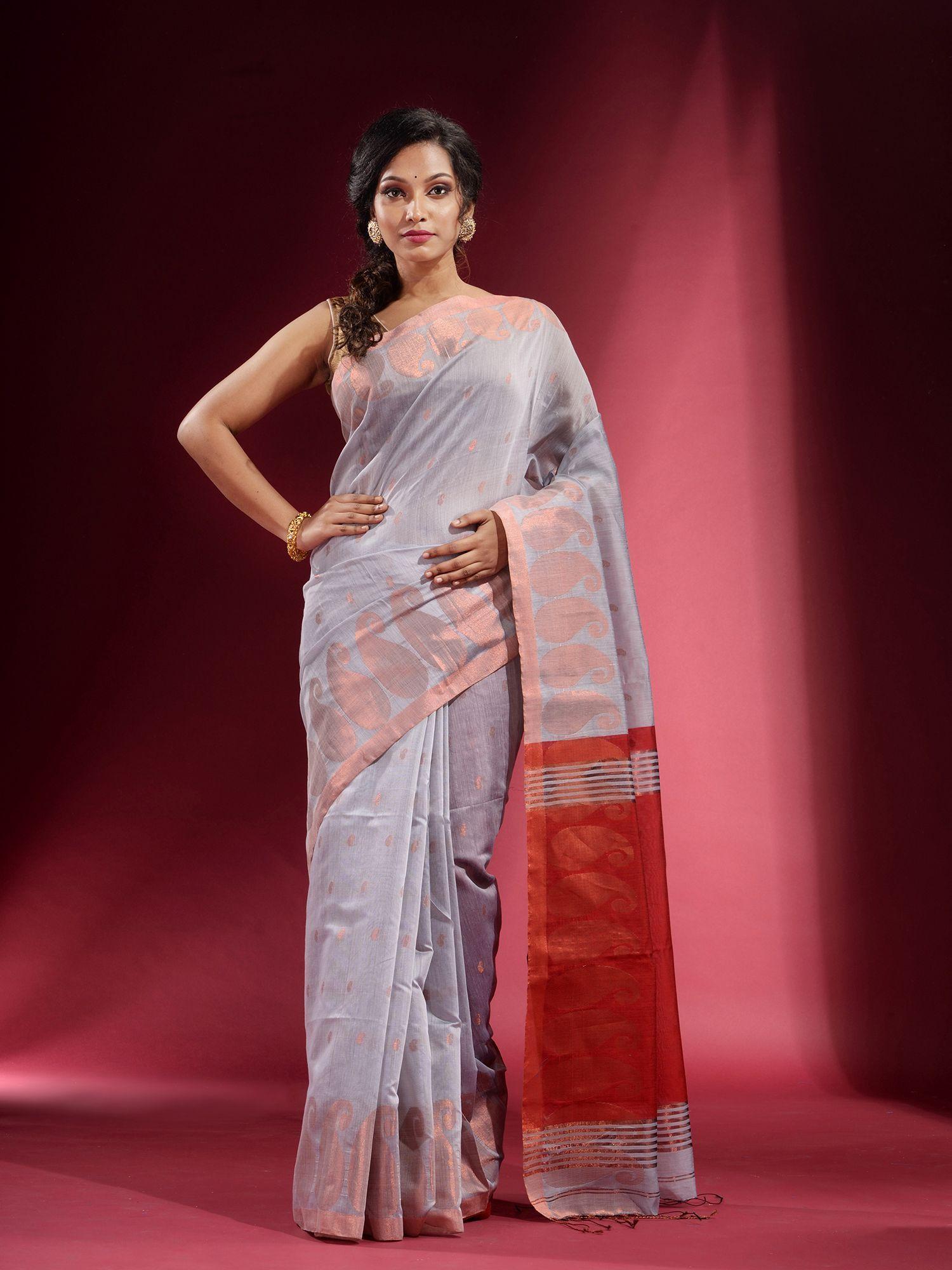 grey with zari paisley motif saree with unstitched blouse