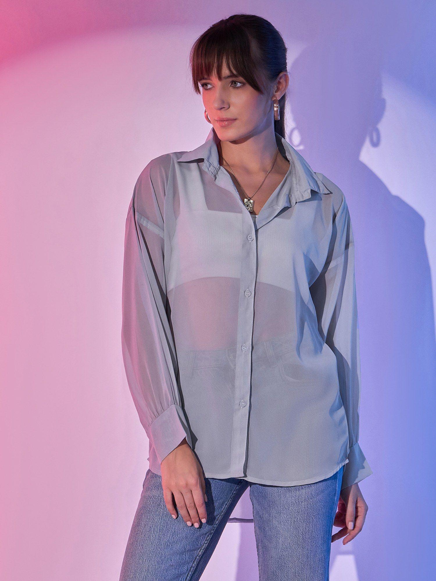 grey women's georgette sheer oversized shirt