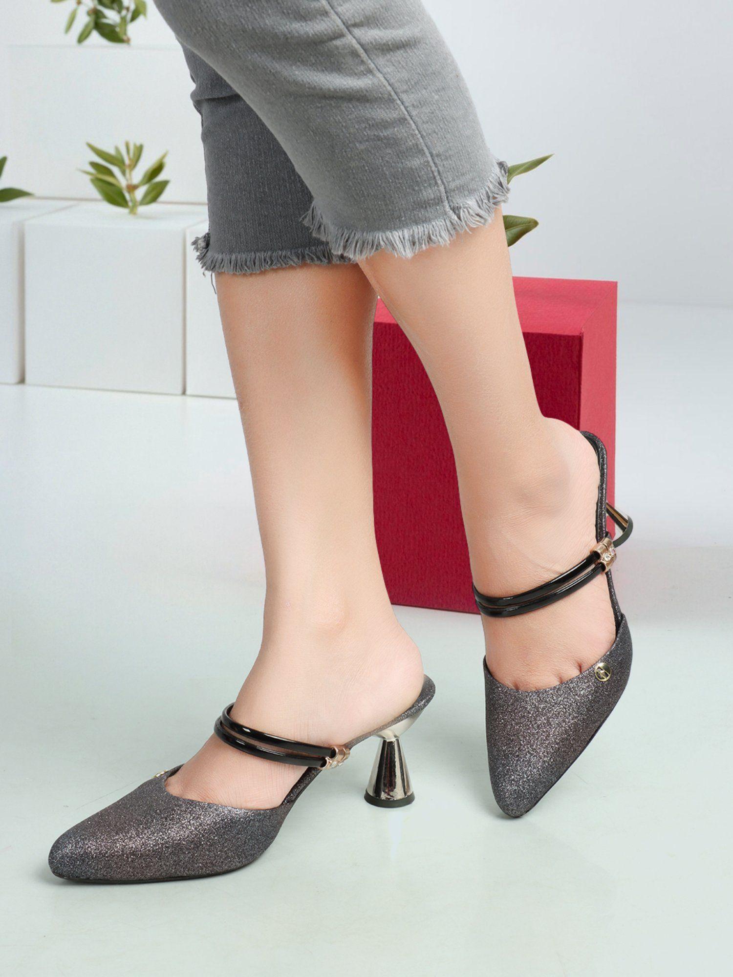 grey women glitter mules