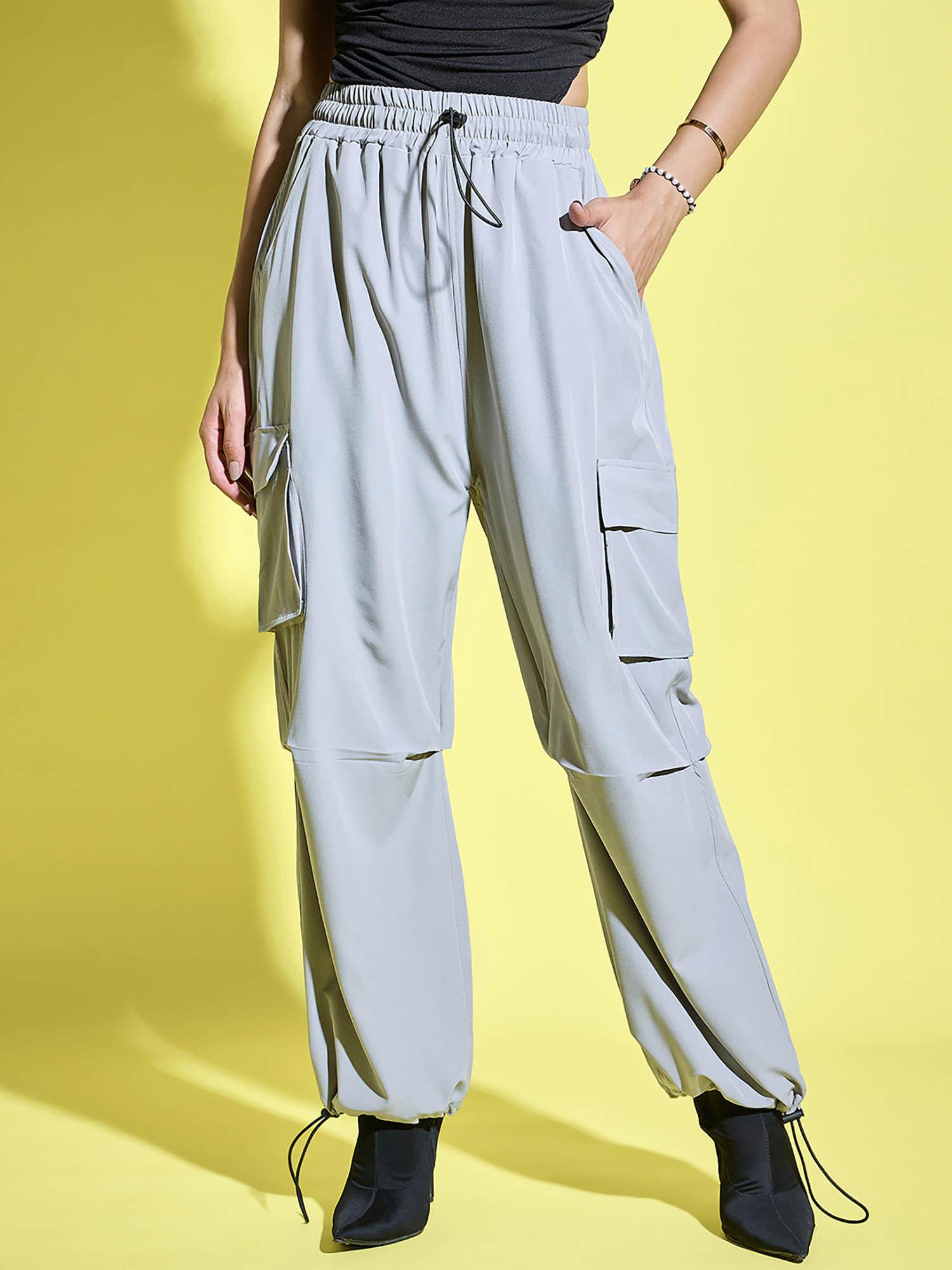 grey women loose fit parachute high waist cargo pant