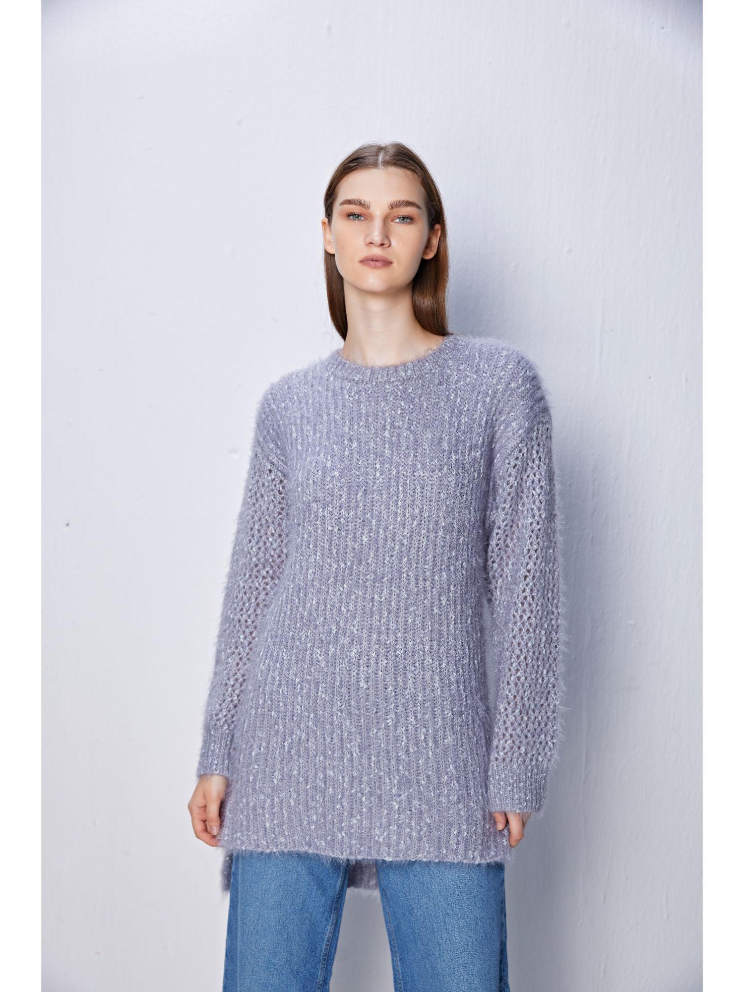 grey woven full sleeves round neck sweater