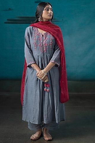 grey zardosi embroidered kurta set