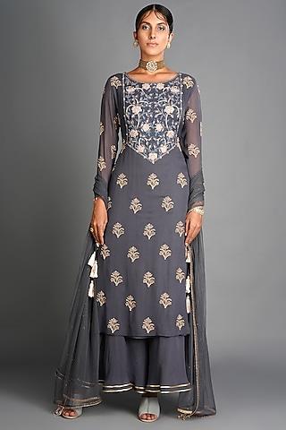 grey zari embroidered kurta set