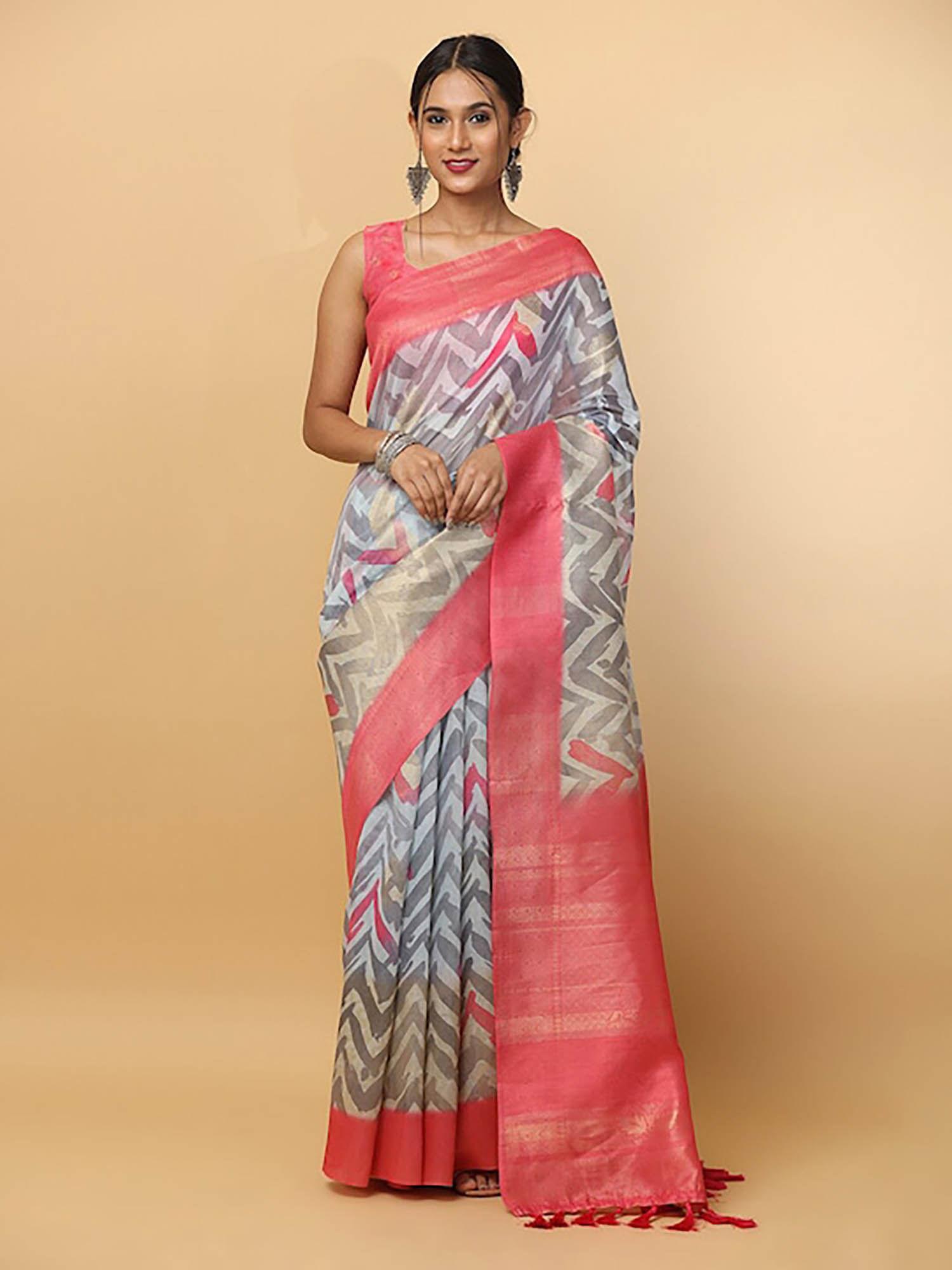 grey zari geometric printed banarasi saree with unstitched blouse