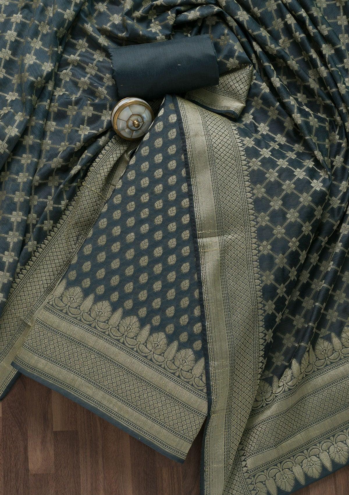 grey zariwork banarasi unstitched salwar suit