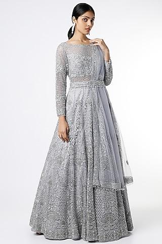 greyish blue net silver embroidered gown with dupatta