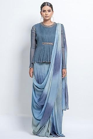 greyish-blue ombre pre-stitched saree set