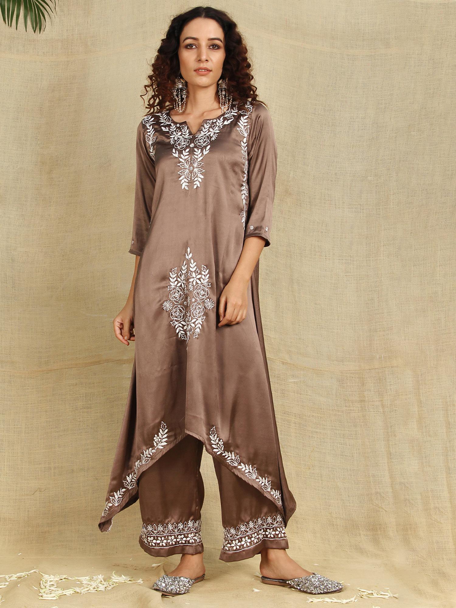 greyish brown chikankari kurti with white resham thread work paired with palazzo (set of 2)