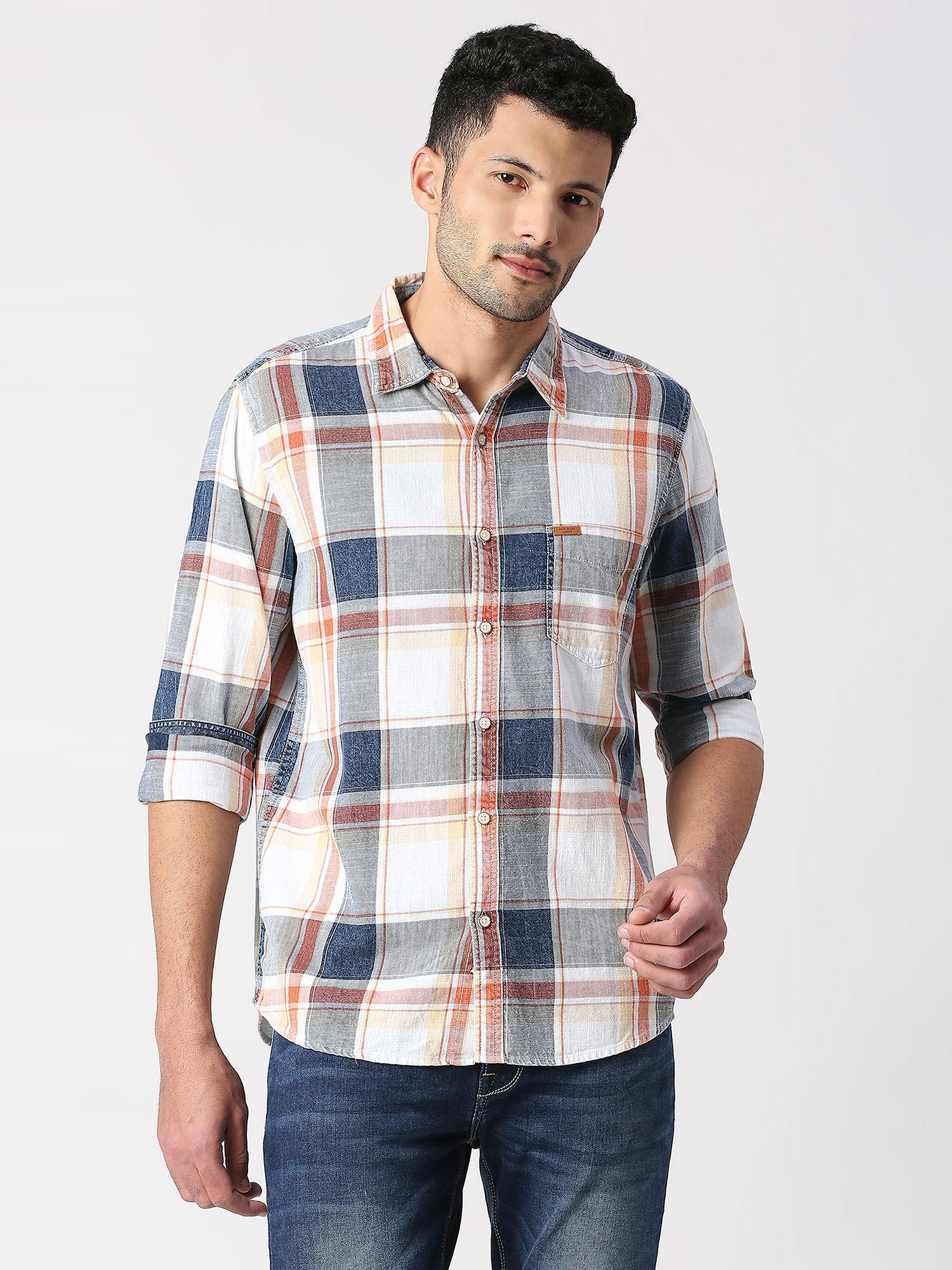 greyson full sleeves indigo check casual shirt