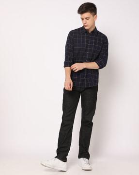 grid checked regular fit cotton shirt