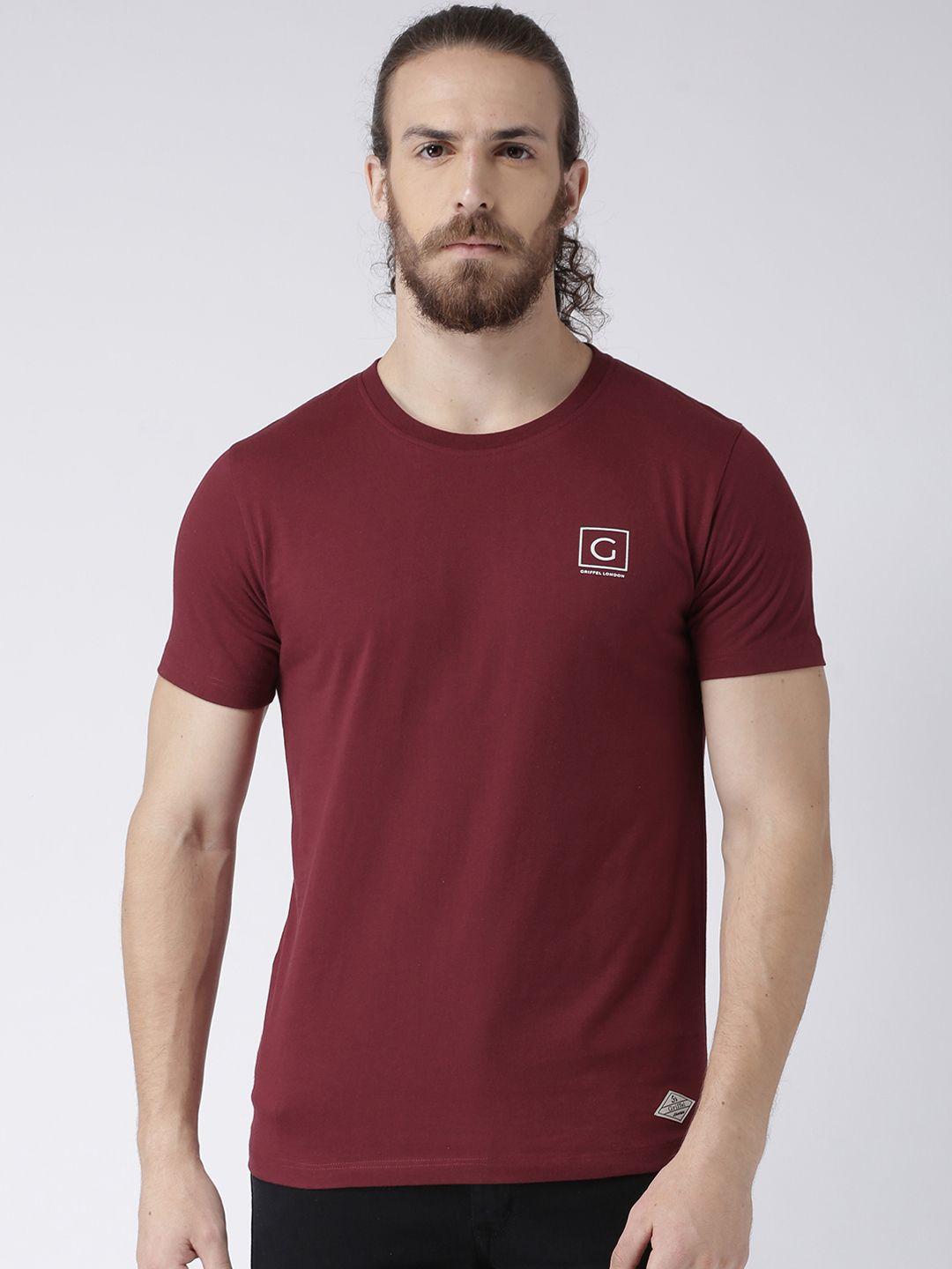 griffel men maroon solid round neck t-shirt