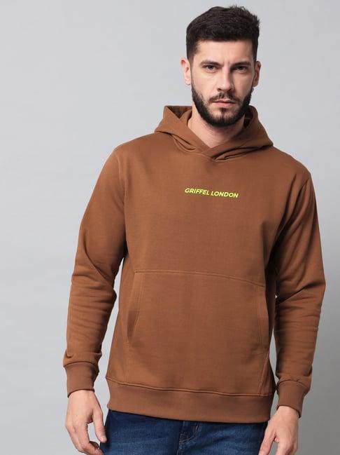 griffel brown regular fit logo print hooded sweatshirt