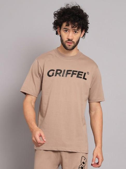 griffel camel brown printed loose fit oversized crew t-shirt