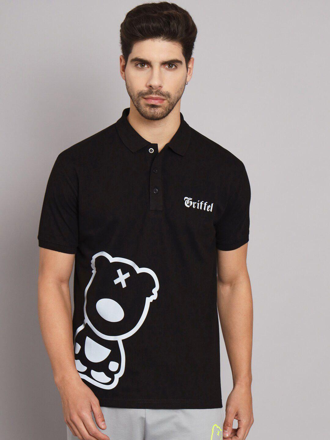 griffel men black printed polo collar pockets t-shirt