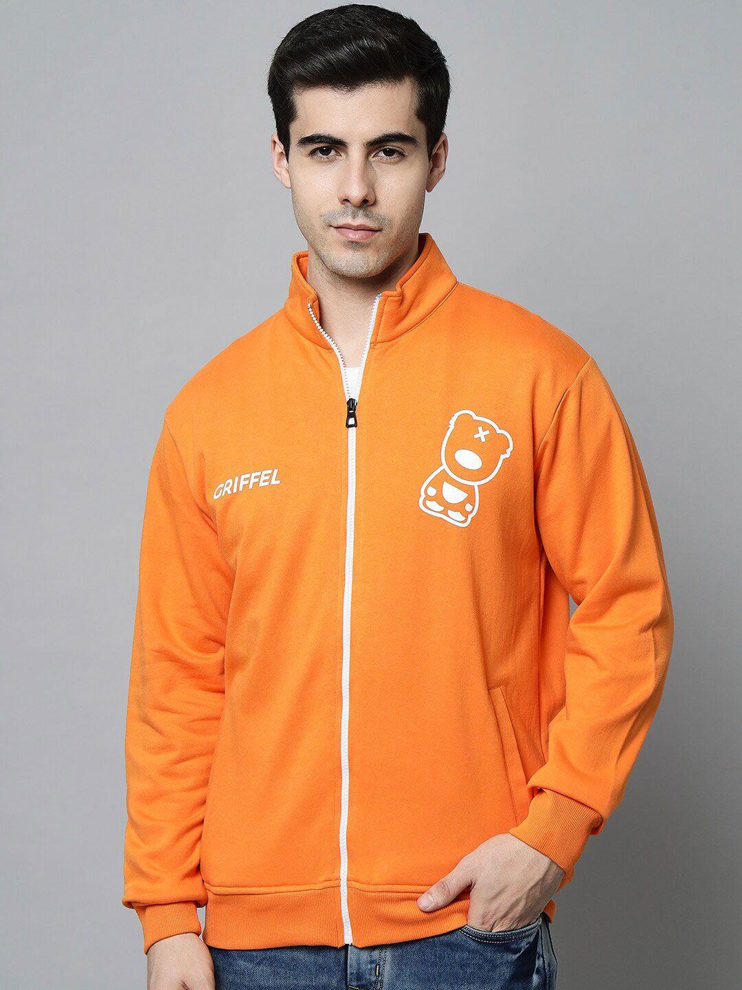 griffel men orange fleece printed sweatshirt