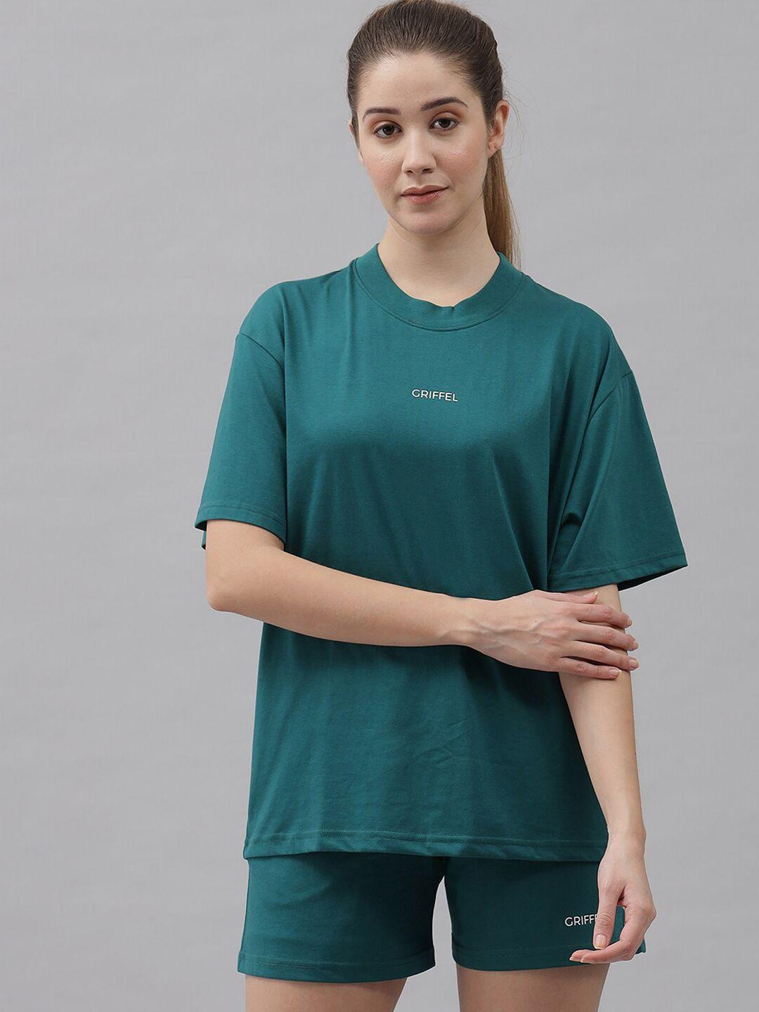 griffel women green solid pure cotton t-shirt with shorts