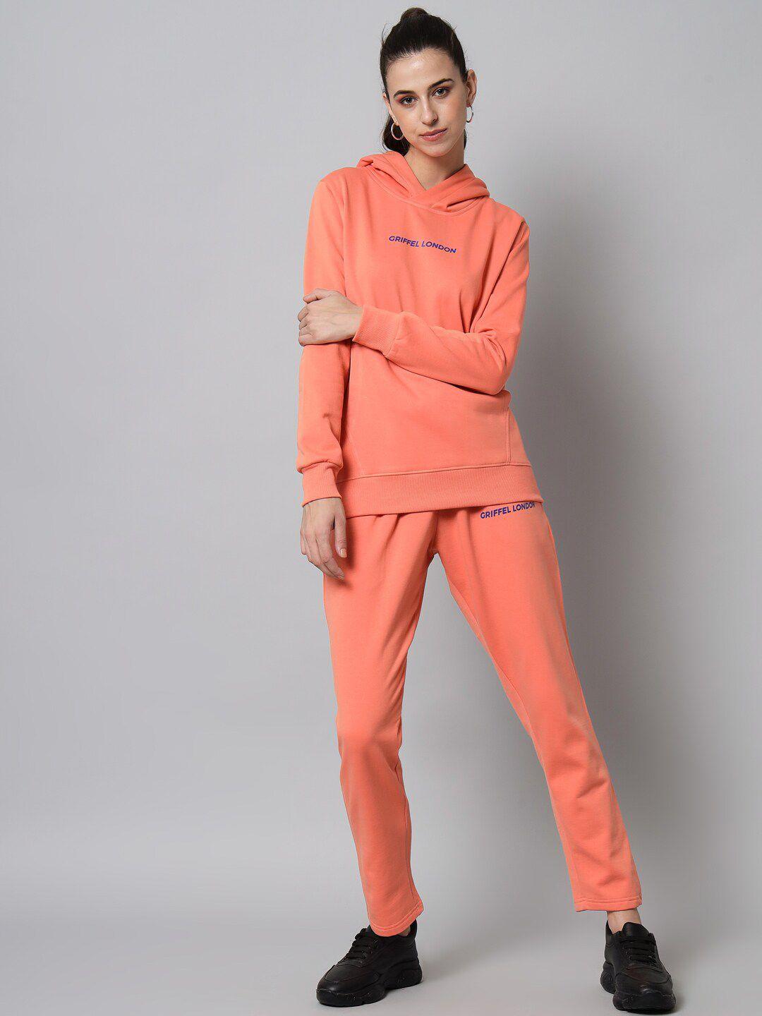 griffel women peach logo printed cotton fleece tracksuit