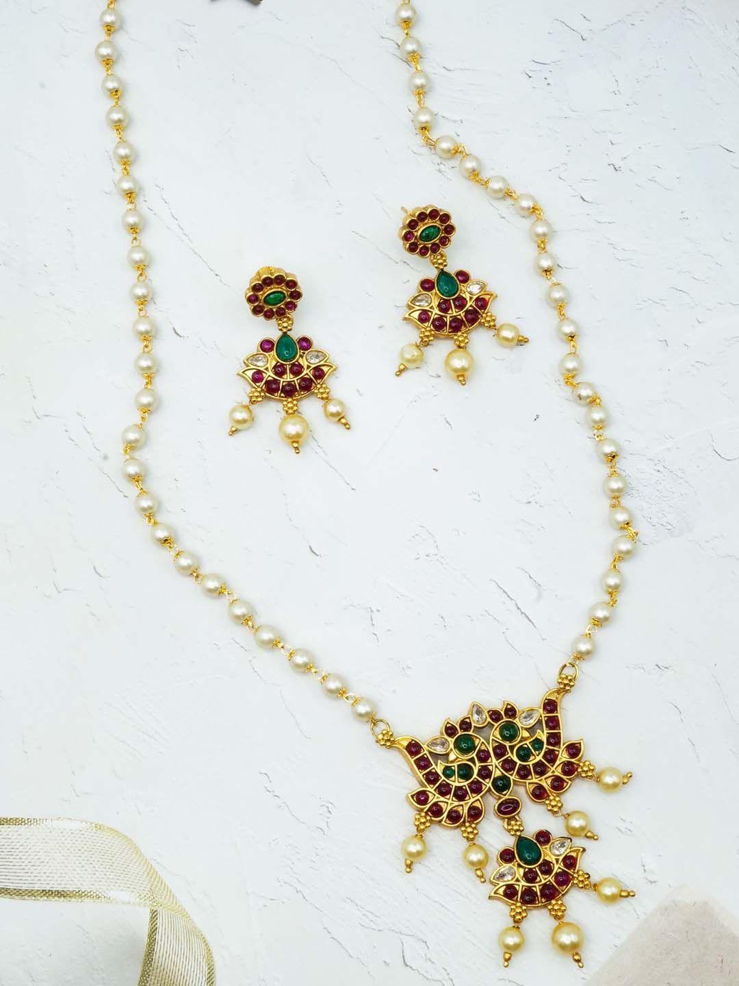 griiham sayara collection pink & green gold plated pearl beaded jewellery set