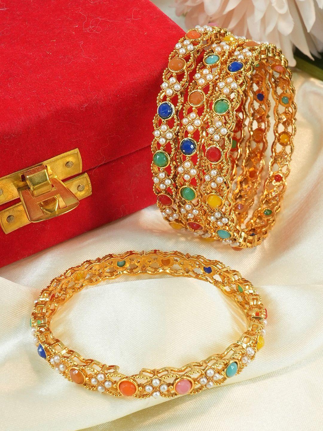 griiham set of 4 gold-plated ad stone studded & beaded bangles