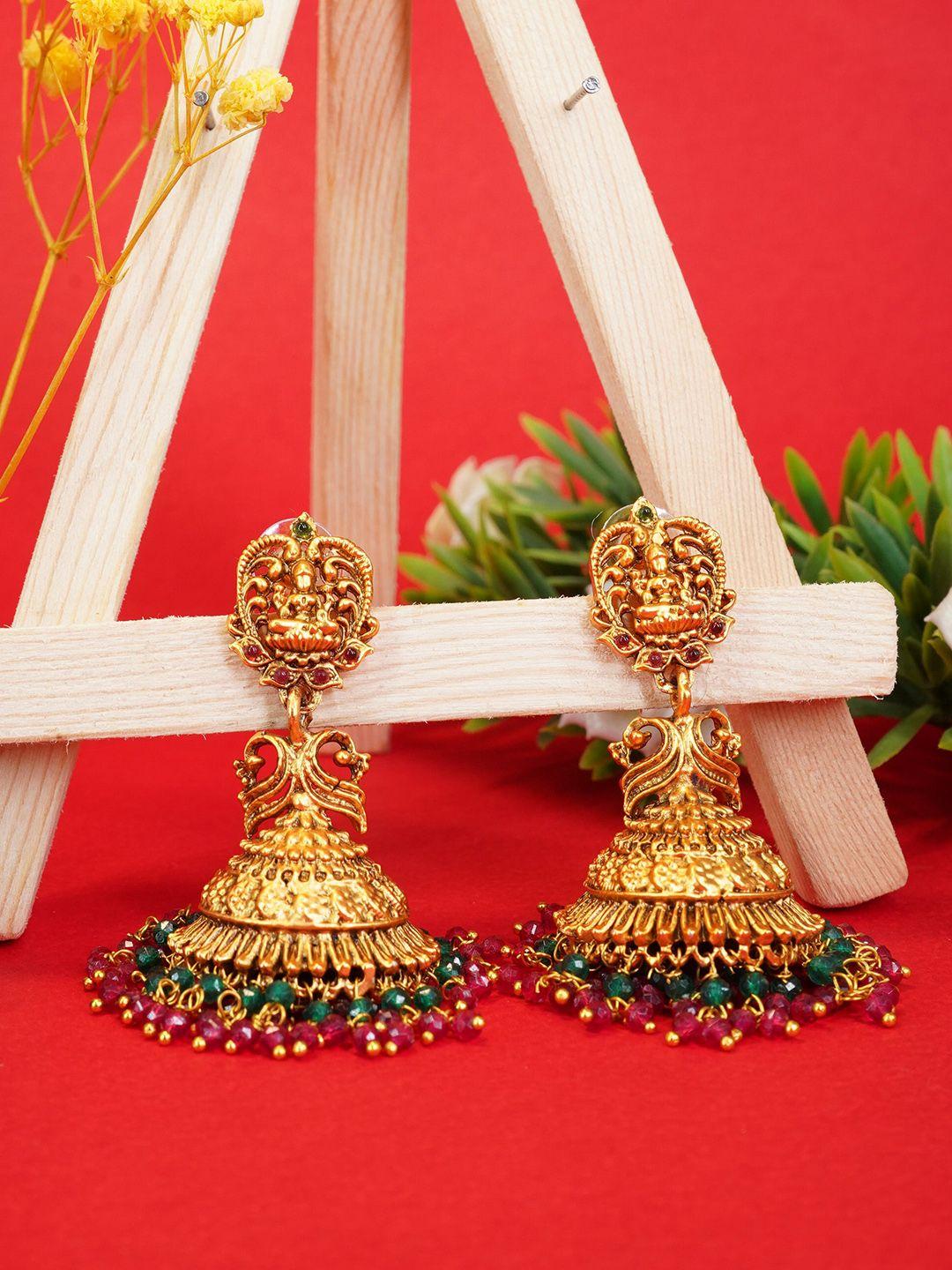 griiham gold-plated & green ad studded classic jhumkas earrings