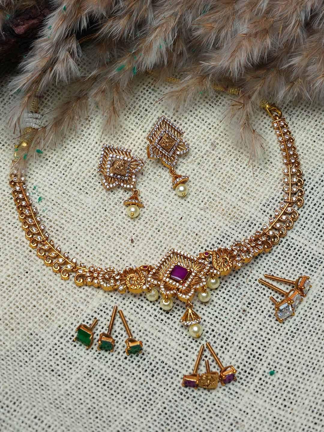 griiham gold-plated cz stone-studded & beaded jewellery set