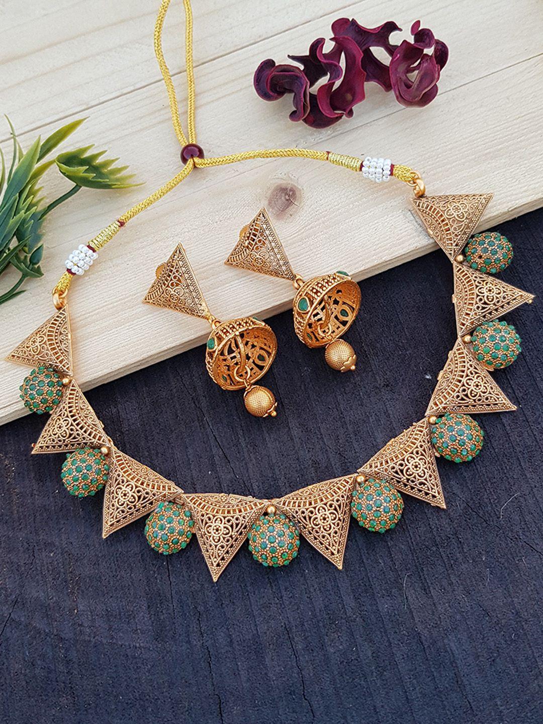 griiham gold-plated green ad-studded jewellery set