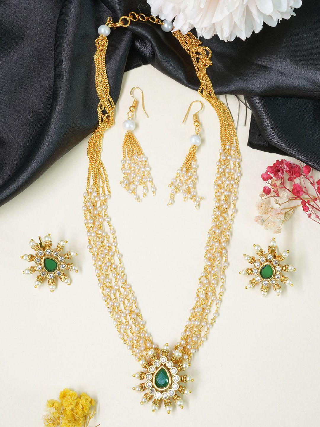 griiham gold-plated green cz studded & beaded layered jewellery set