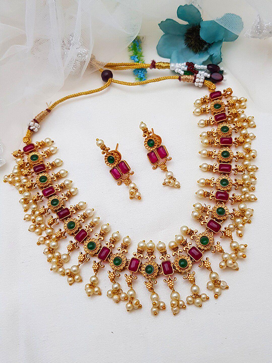 griiham gold-plated pink & green ad-studded & beaded jewellery set