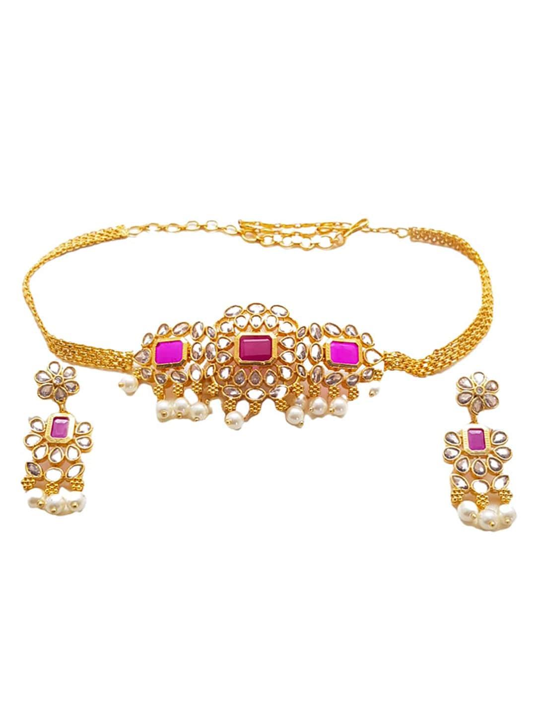 griiham gold-plated white & pink cz-studded & pearl beaded jewellery set