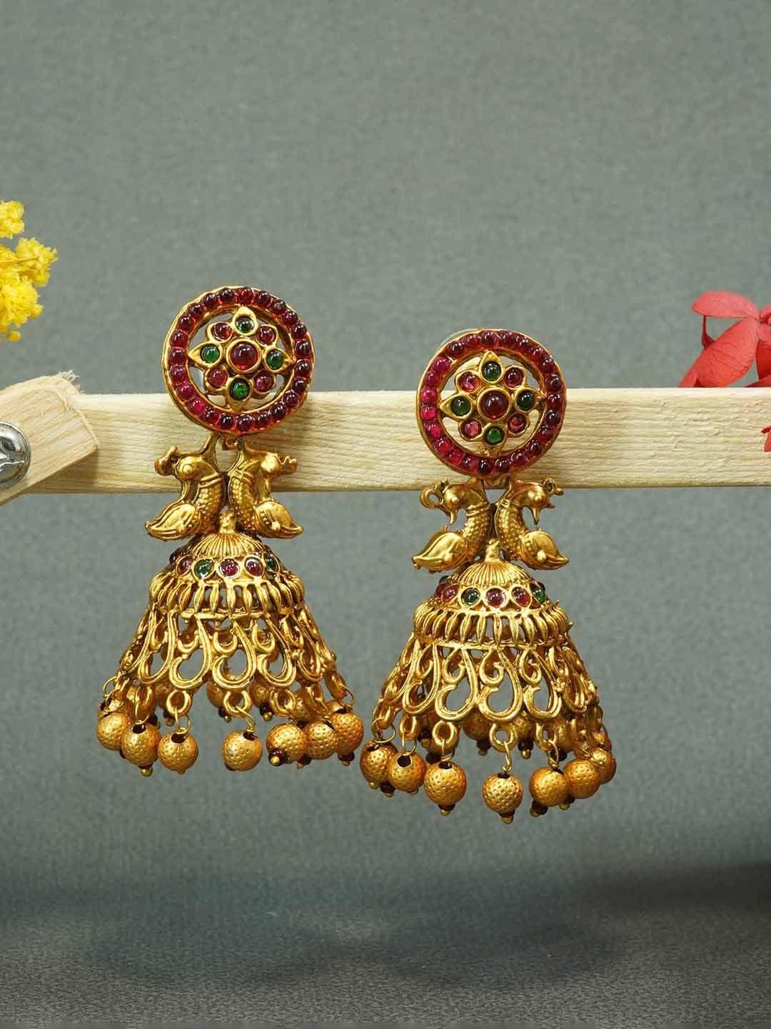 griiham red & gold-plated dome shaped jhumkas earrings