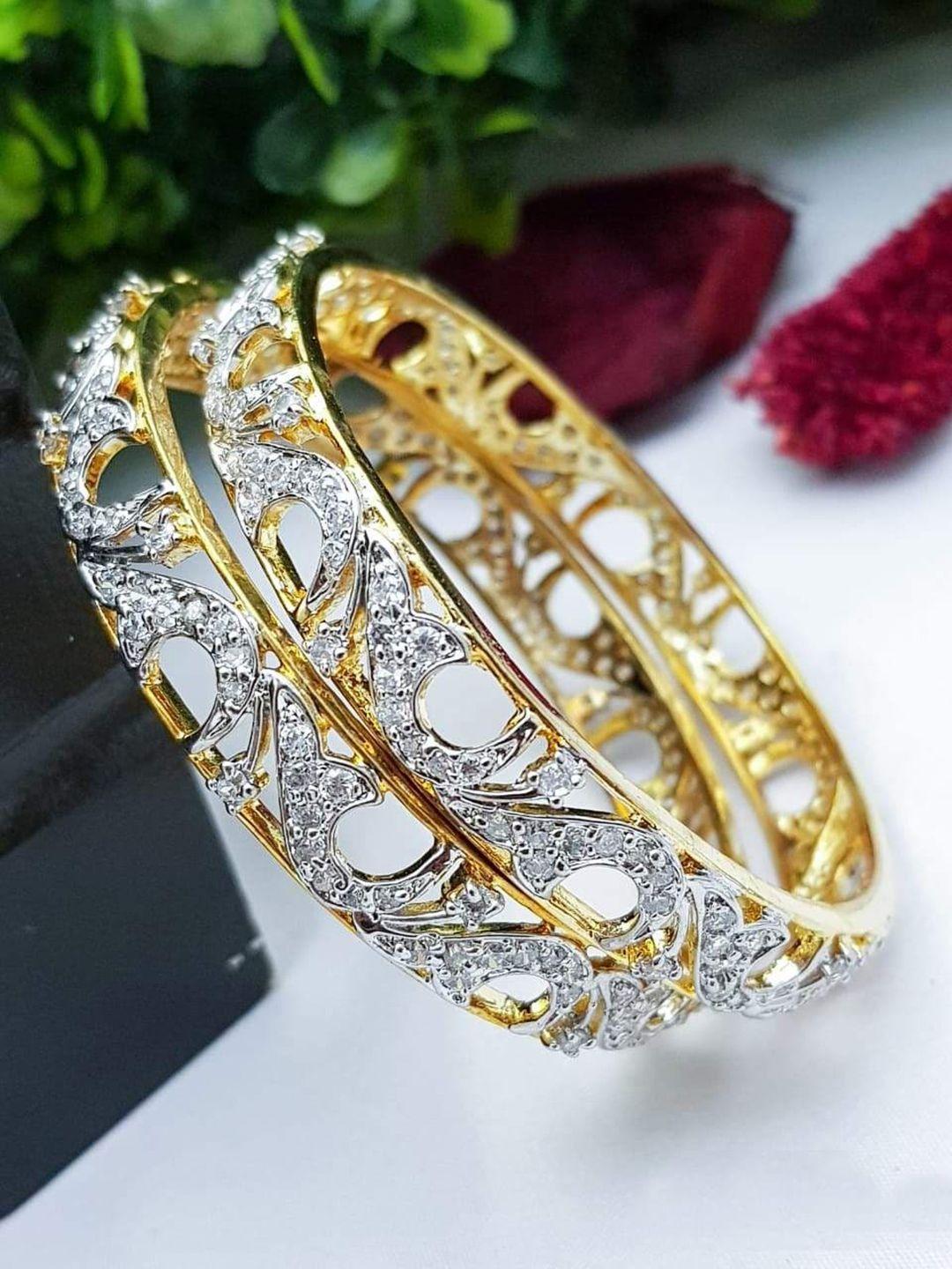 griiham set of 2 gold-plated white ad-studded bangles