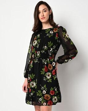 grima floral print a-line dress with smocked waist