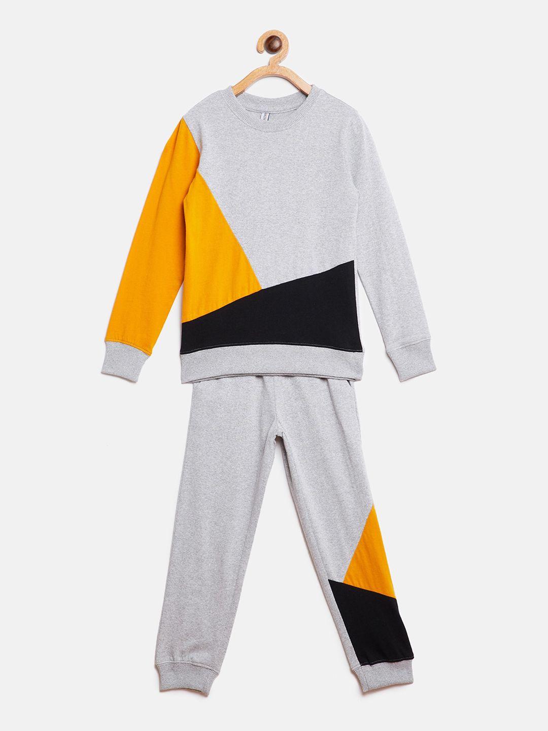 gritstones boys grey & yellow colourblocked t-shirt with trousers