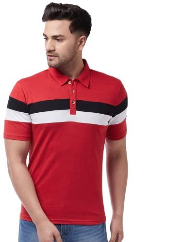 gritstones men's regular fit cotton half sleeve color block printed polo t-shirt (small, red)