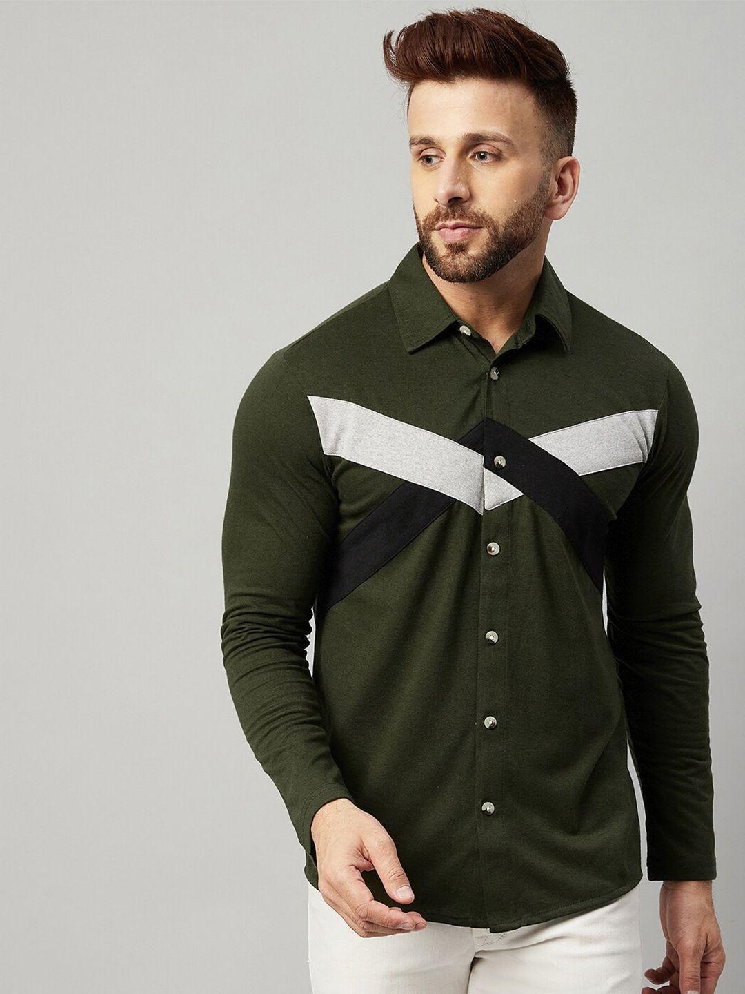 gritstones men olive green  solid colourblocked pattern opaque casual shirt