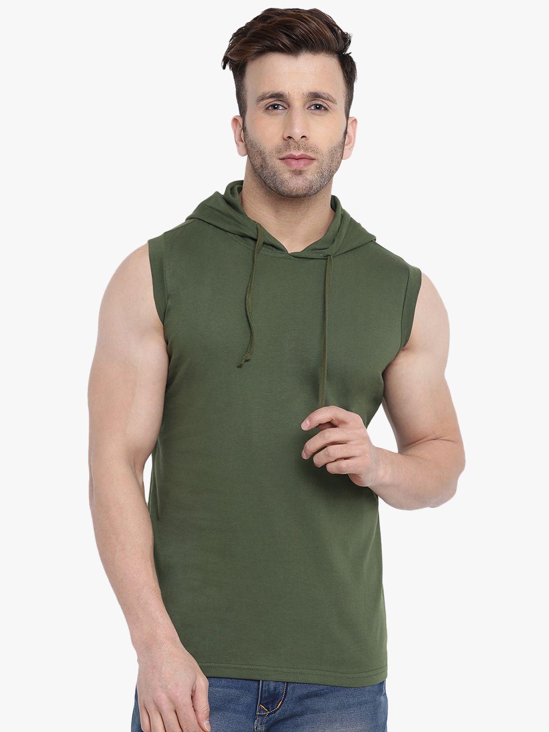 gritstones men olive green solid hood t-shirt