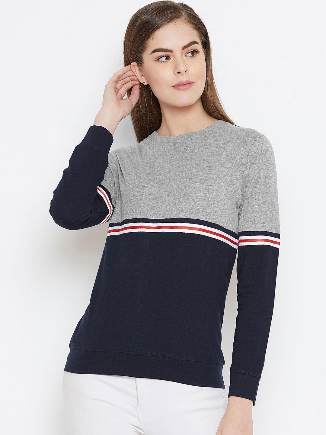 gritstones women grey & navy blue colourblocked round neck t-shirt