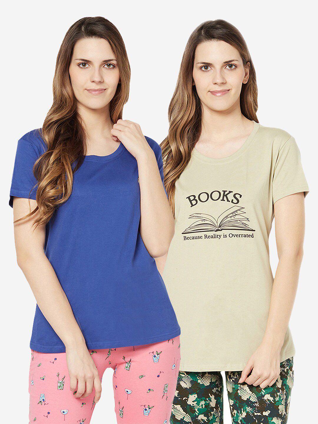 groversons paris beauty women blue & beige 2 printed t-shirt