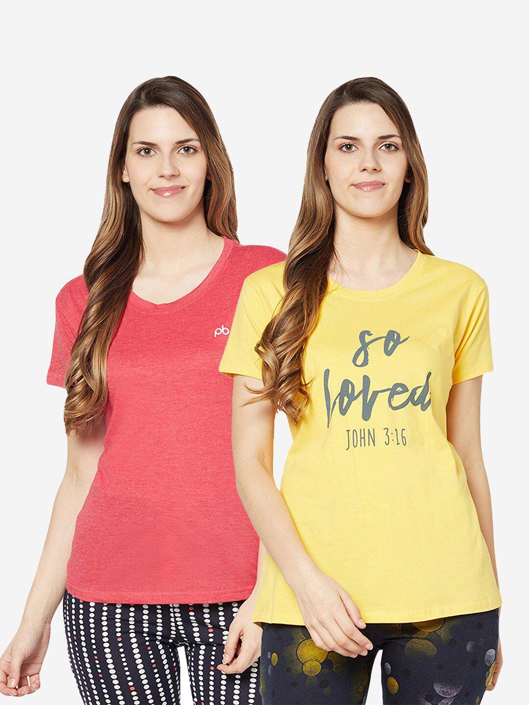 groversons paris beauty women pink & yellow typography set of  2 printed t-shirt
