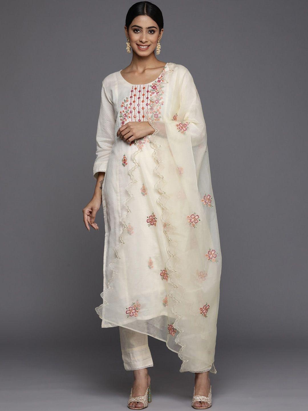 growdamy floral embroidered mirror work regular kurta with trousers & dupatta