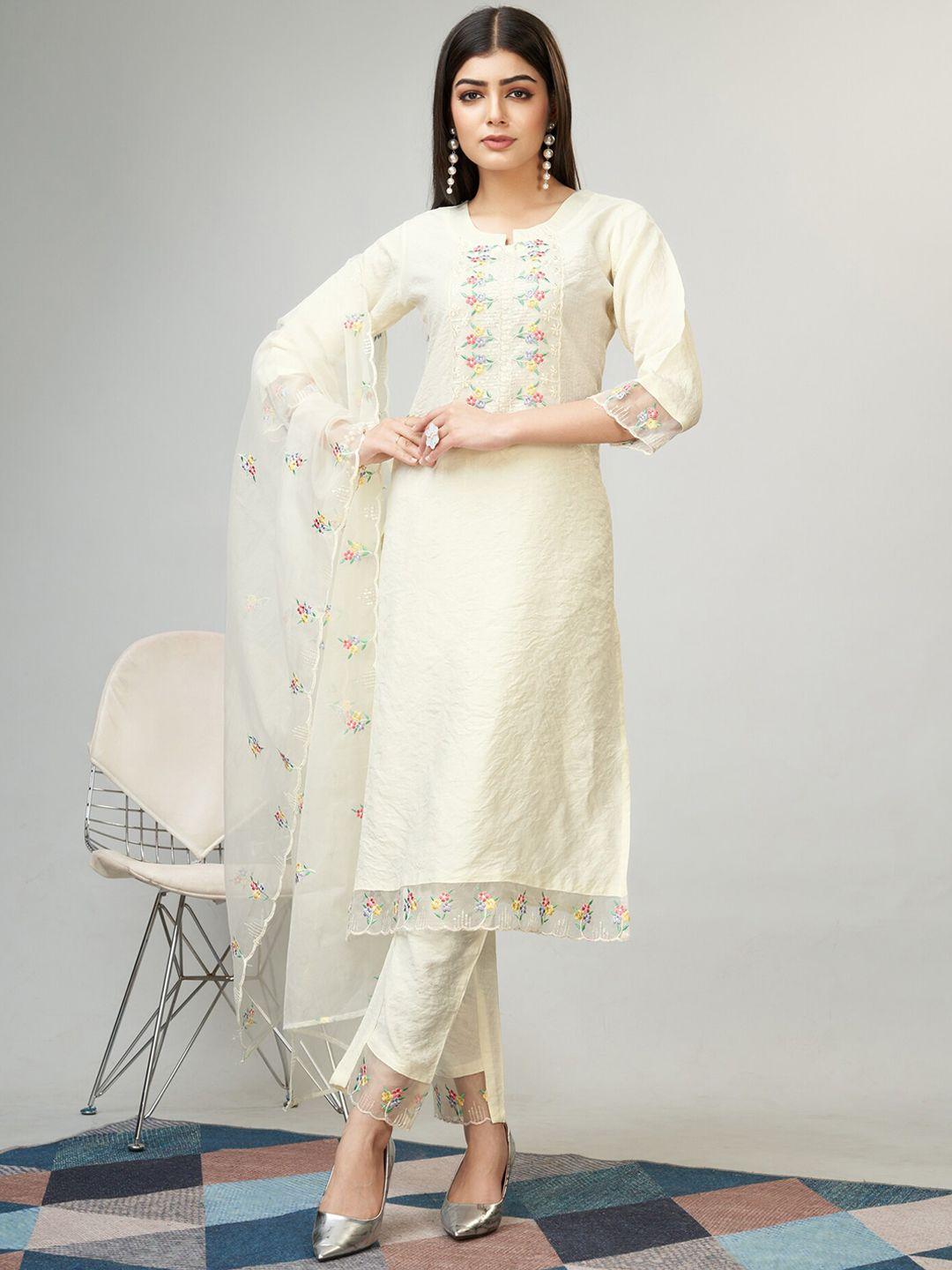 growdamy floral embroidered regular thread work kurta with trousers & with dupatta