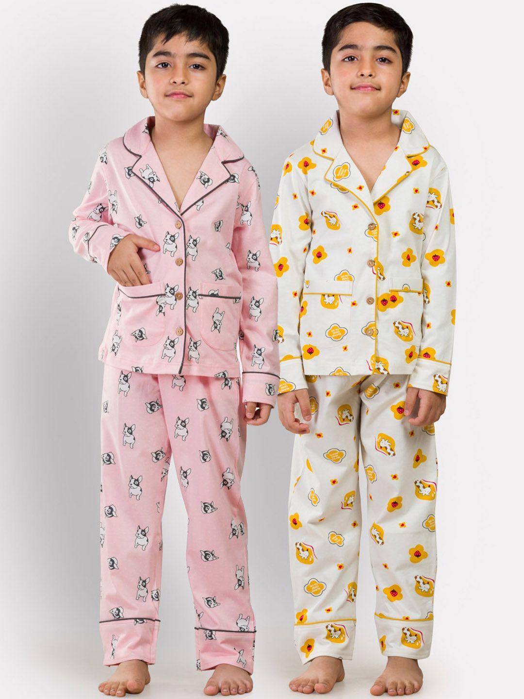growing tree kids pink & white set of 2 printed cotton night suit