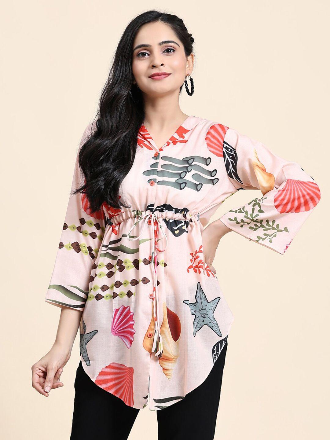growish abstract printed flared sleeves cotton high low top